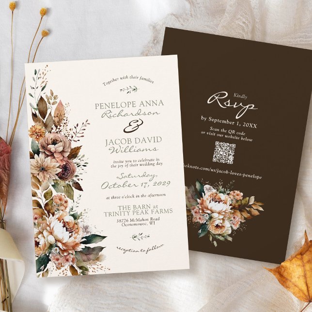 Elegant höstblomma Mörkbrun Boho Höstbröllop Inbjudningar (Mocha brown sage green ivory rustic watercolor fall floral Autumn leaves QR code wedding invitation)