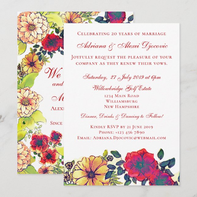 Elegant Höstblomma Watercolor Vigsförnyelse Bröllo Inbjudningar (Fram/baksida)