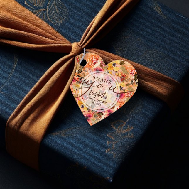 Elegant höstblommig bröllopsdusch tack gåvor etiketter (Elegant Autumn Floral Heart Shaped 2"x 2" Bridal Shower Thank You Favor Tags)