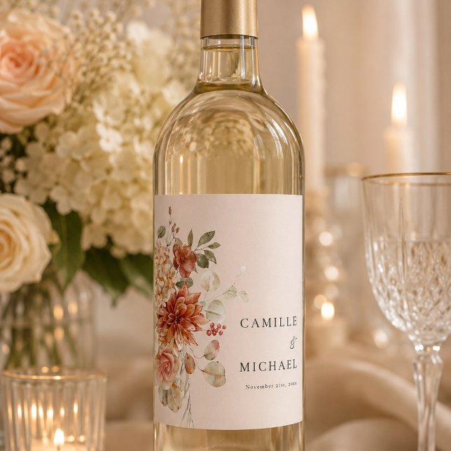 Elegant höstblommig bröllopsinbjudan vinflaska etikett (Skapare uppladdad)