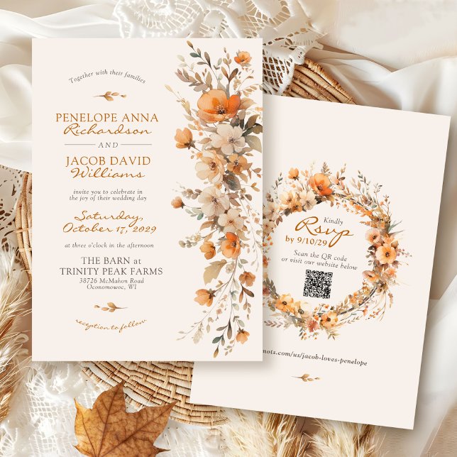 Elegant höstblommig elfenbensfärgad rustik höstbrö inbjudningar (Elegant ivory terracotta orange fall floral watercolor flower QR code boho Autumn wedding invitation)
