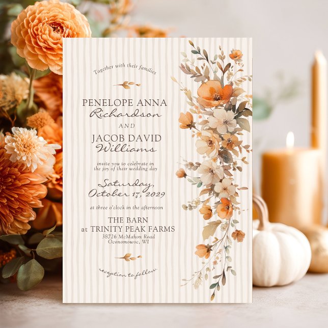 Elegant höstblommig elfenbensrandig höstbröllop inbjudningar (Elegant Fall floral rustic boho modern watercolor flowers boho chic Autumn ivory wedding invitation)