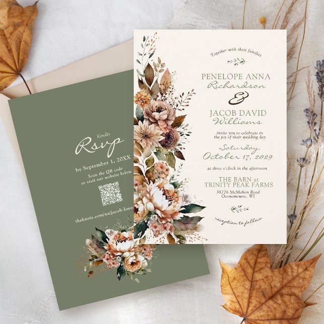 Elegant höstblommig salvia grön boho höstbröllop inbjudningar (Elegant rustic sage green fall floral watercolor flower Autumn leaf QR code ivory wedding invitation)