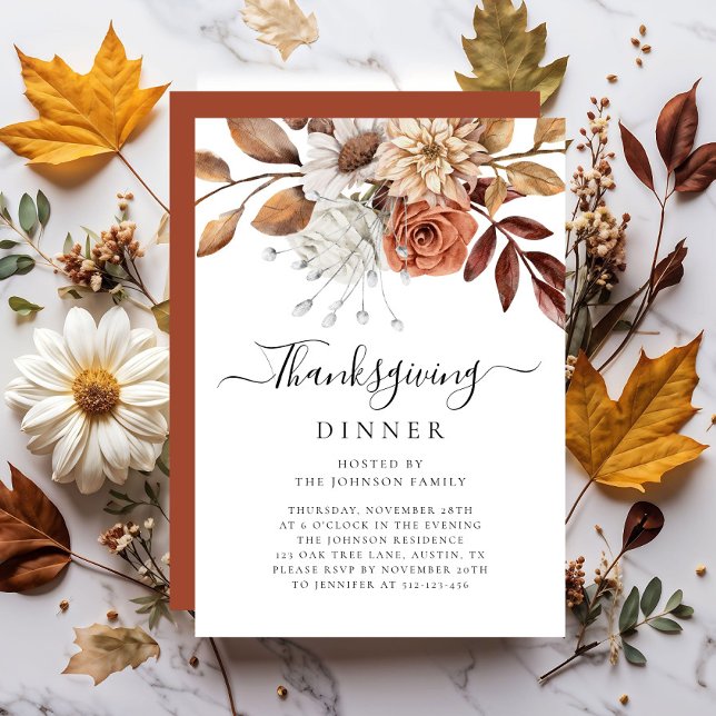 Elegant höstblommig Thanksgiving-middag Inbjudningar (Elegant Fall Floral Thanksgiving Dinner Invitation)