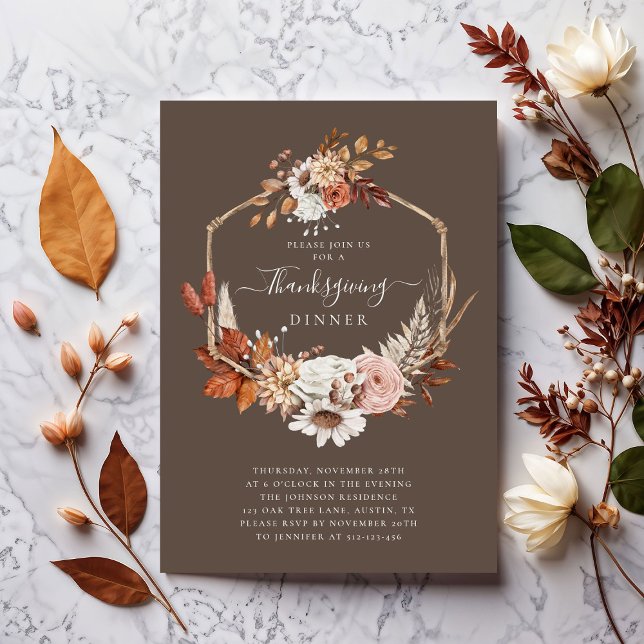 Elegant höstblommig Thanksgiving-middag  Inbjudningar (Elegant Fall Floral Thanksgiving Dinner Invitation)
