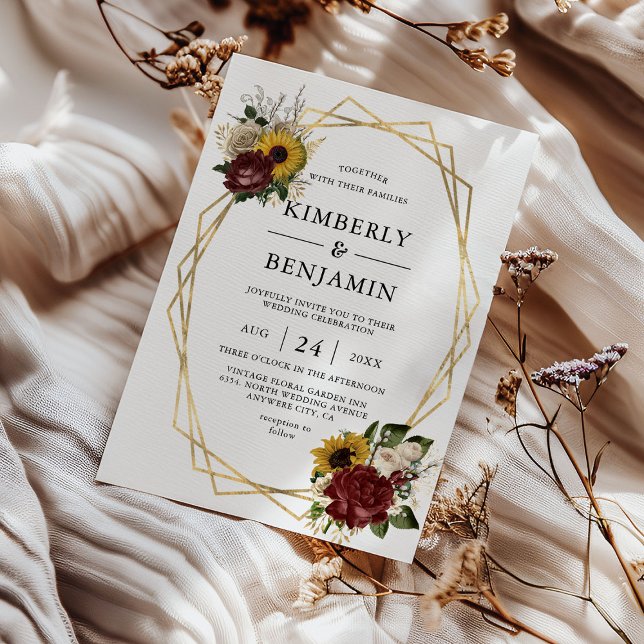 Elegant höstblommor & geometrisk ram bröllop inbjudningar (Skapare uppladdad)