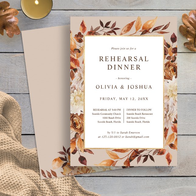 Elegant höstbröllops repetition middag inbjudningar (Elegant Fall Leaves Wedding Rehearsal Dinner Invitation by Painted Paperie
)