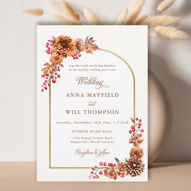 Elegant Hösten Blommigt Guld Boho Ram Bröllop Inbjudningar (autumn foliage boho gold floral frame wedding invitation terracotta romantic calligraphy modern chic)