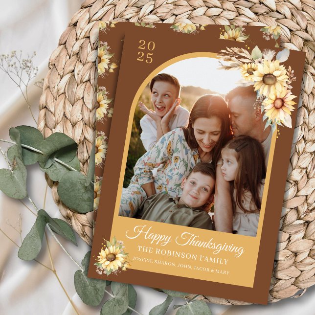 Elegant hösten Fall Guld Blommigt Happy thanksgivi Julkort (Elegant watercolor sunflowers Happy Thanksgiving card on terra cotta and goldenrod with personalized)