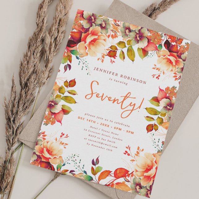 Elegant hösten - vattenfärgsfärg Blommigt 70 födel Inbjudningar (Elegant Fall Autumn Watercolor Floral 70 Birthday Invitation)