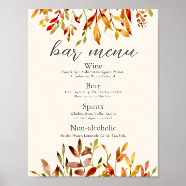 Elegant hösthustru anpassad höst löv Bar Meny Poster (Framsidan)