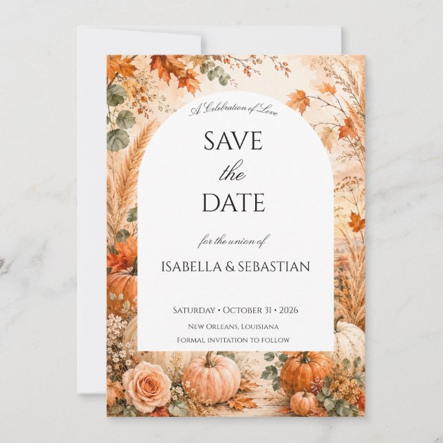 Elegant Höstkort med Pumpa & Boho Blommor Spara Datumet (Framsida)