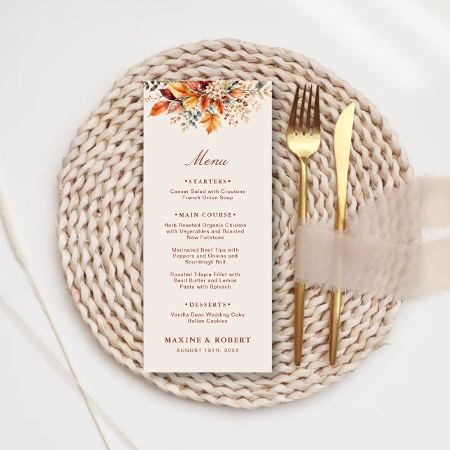 Elegant höstlig lövverk Mjuk akvarell bröllop Meny (Elegant autumn foliage watercolor wedding menu with timeless seasonal charm.)