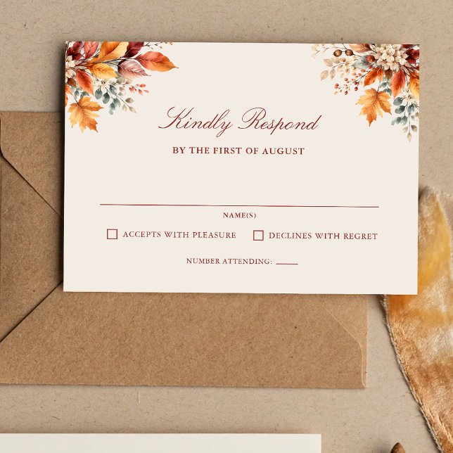 Elegant höstlig lövverk Mjuk akvarell bröllop OSA Kort (Elegant autumn foliage soft watercolor wedding RSVP card with warm seasonal charm.)