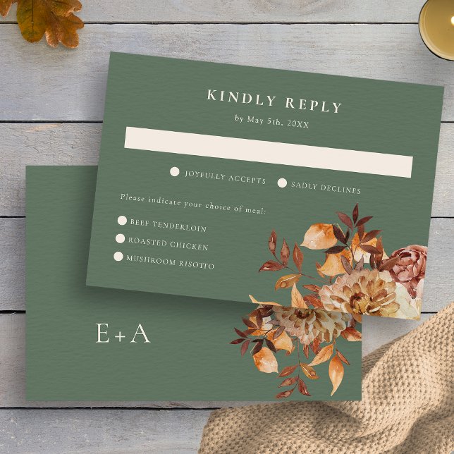 Elegant Höstlof Bröllop OSA Kort (Elegant Autumn Leaves Floral Wedding RSVP Card Monogram by Painted Paperie
)