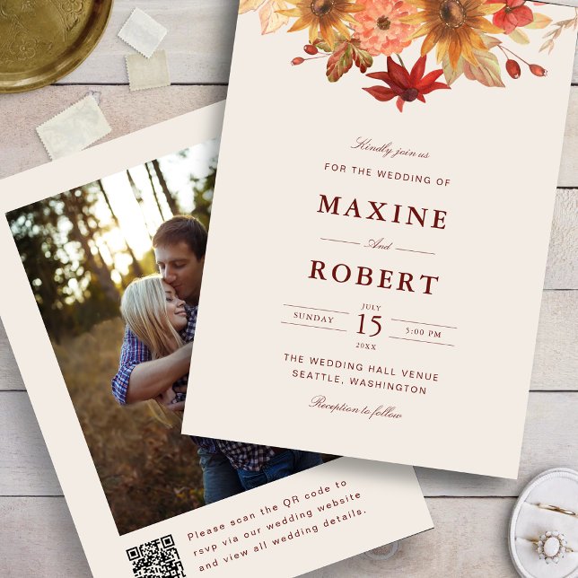 Elegant Höstlöv Höst QR-kod Foto Bröllop Inbjudningar (Elegant fall leaves photo wedding invitation adds autumn charm with your custom QR code.)