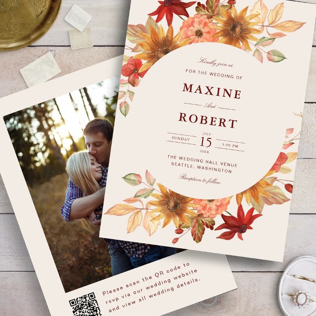 Elegant Höstlöv Höst QR-kod Foto Bröllop Inbjudningar (Fall leaves photo wedding invitation adds autumn warmth with a personalized QR code.)