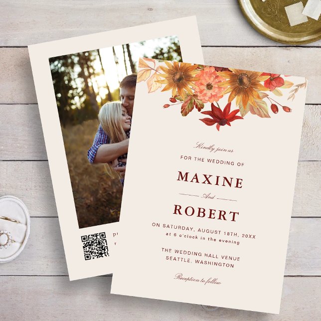 Elegant Höstlöv Höst QR-kod Foto Bröllop Inbjudningar (Autumn photo wedding invitation adds elegant fall charm with your personalized QR code.)