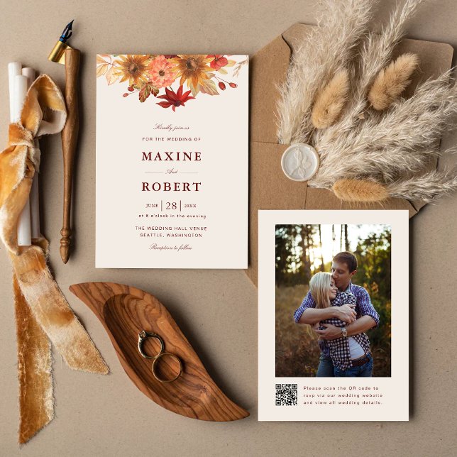 Elegant Höstlöv Höst QR-kod Foto Bröllop Inbjudningar (Autumn photo wedding invitation adds elegant fall warmth with your custom QR code.)
