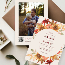 Elegant Höstlöv Höst QR-kod Foto Bröllop Inbjudningar