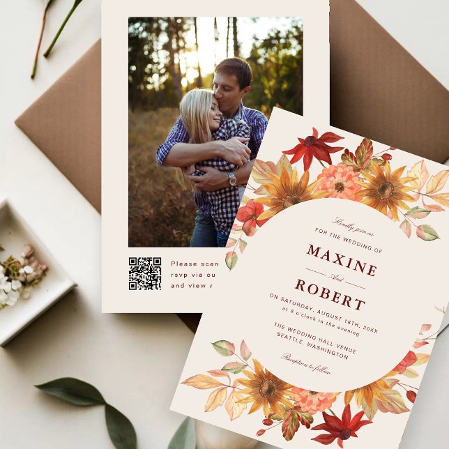 Elegant Höstlöv Höst QR-kod Foto Bröllop Inbjudningar (Fall leaves photo wedding invitation adds elegant autumn warmth with a custom QR code.)