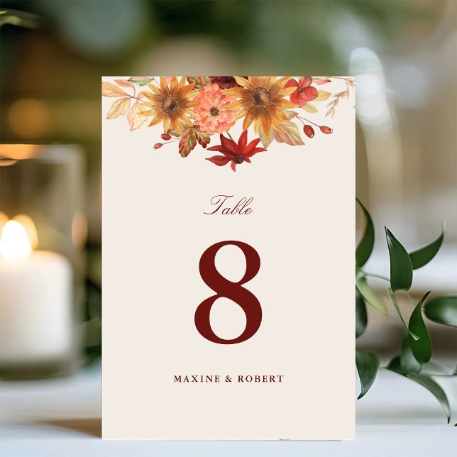 Elegant Höstlöv Höstbröllop Bordsnummer (Elegant fall leaves table number adds warm autumn charm to your wedding tables.)