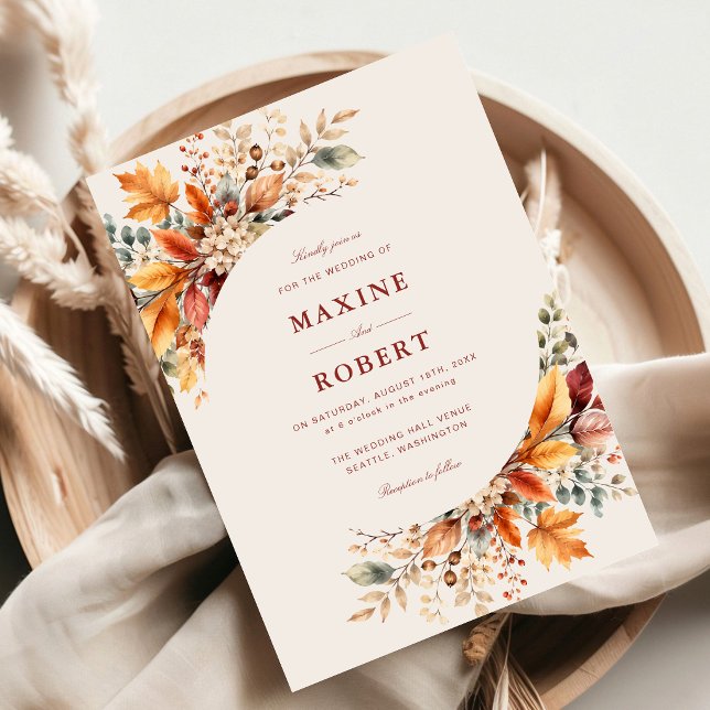 Elegant höstlövs mjuk vattenfärg bröllop inbjudningar (Elegant autumn foliage invitation sets a warm tone for your wedding.)