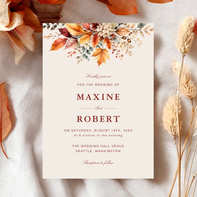 Elegant höstlövs mjuk vattenfärgbröllop inbjudningar (Elegant autumn foliage watercolor invitation creates a warm welcome for your special day.)