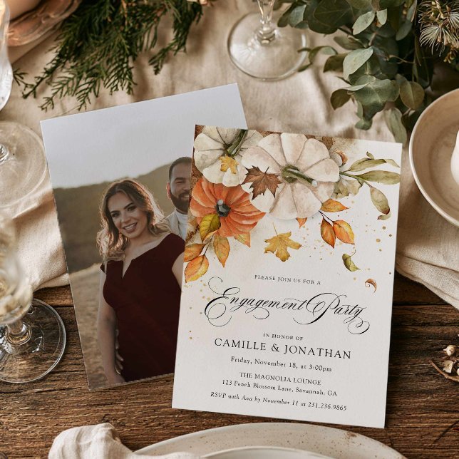 Elegant Höstpumpa Förlovningsfest Inbjudan (Rustic Fall Engagement Party Invitation with photo)