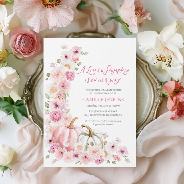 Elegant Höstpumpa och Blommigt Babykläder Inbjudningar (Blush Pink Pumpkins and Flowers Baby Shower Invitation)