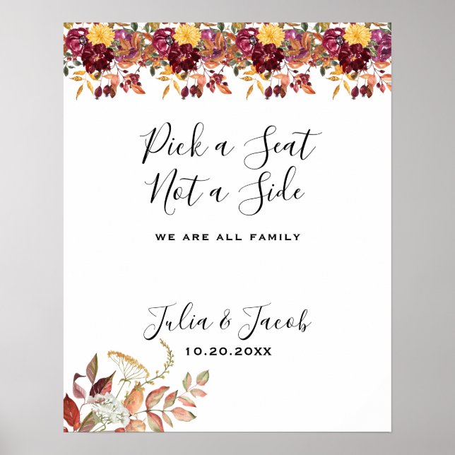 Elegant Höstvattenfärg Blommigt Bröllop Poster (Framsidan)