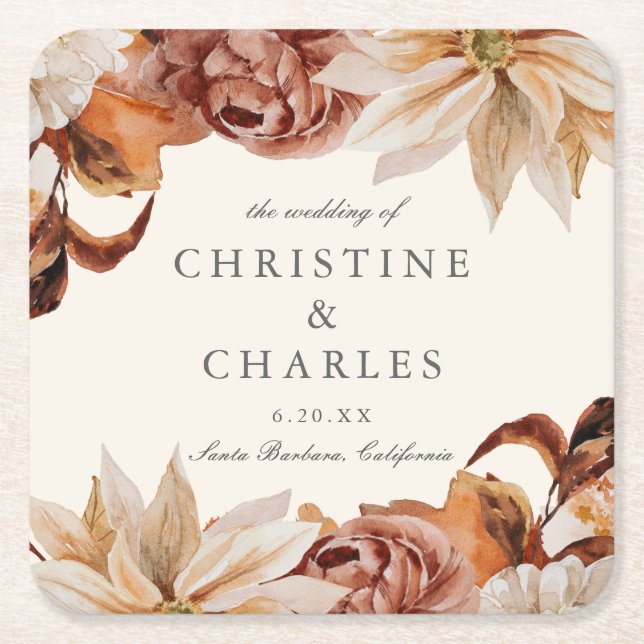 Elegant Höstvattenfärg Bröllop Underlägg Papper Kvadrat (Framsidan)