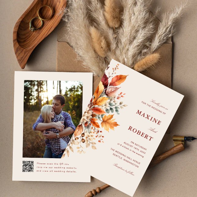 Elegant höstvattenfärg QR-kod Foto Bröllop Inbjudningar (Elegant autumn watercolor QR code invitation beautifully shares your story and details.)