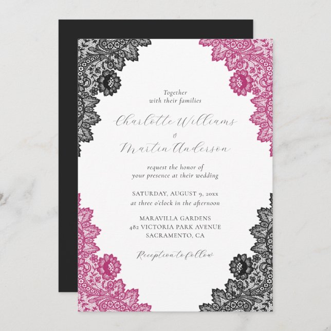 Elegant Hot Pink and Black Floral Lace Wedding Inbjudningar (Fram/baksida)