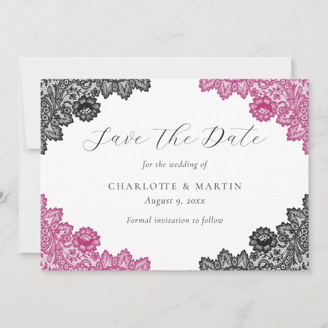 Elegant Hot Pink and Black Floral Lace Wedding Spara Datumet (Framsida)