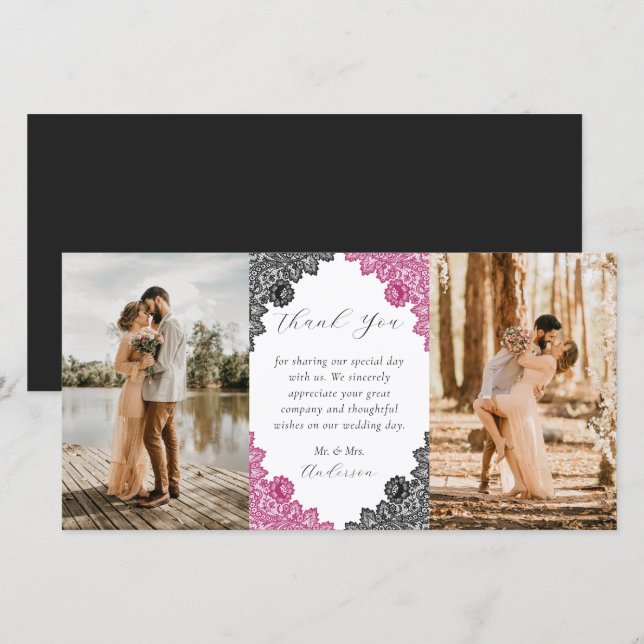 Elegant Hot Pink and Black Floral Wedding Photo Tack Kort (Fram/baksida)