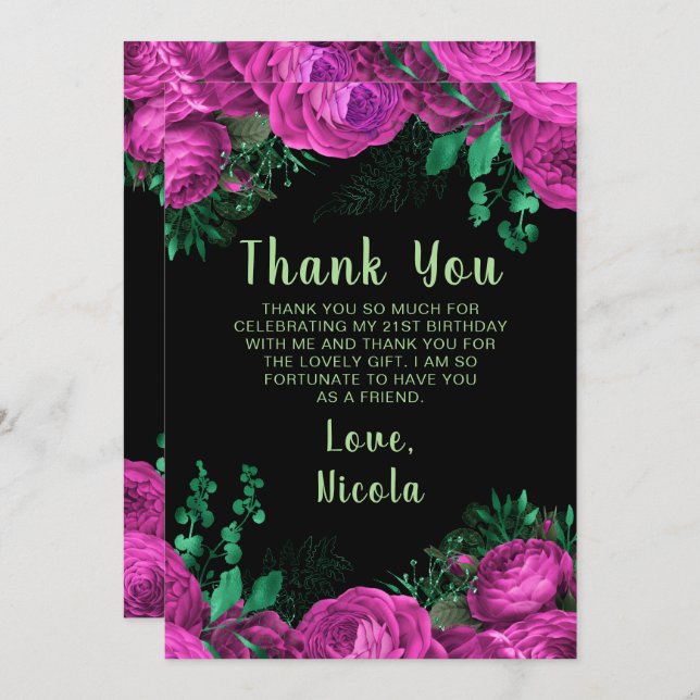 Elegant Hot Pink Flowers Birthday Party Tack Kort (Fram/baksida)