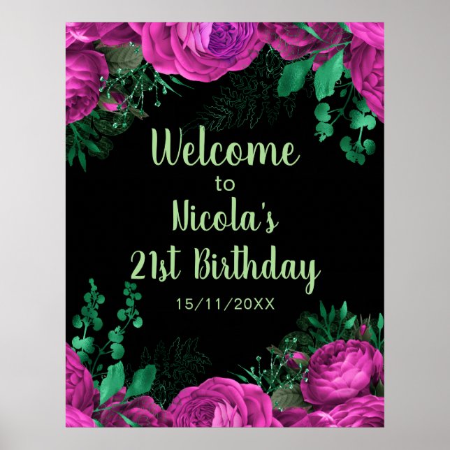 Elegant Hot Pink Flowers Birthday Party Welcome  Poster (Framsidan)