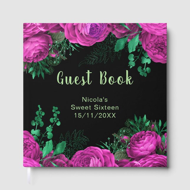 Elegant Hot Pink Flowers Sweet Sixteen Gästböcker (Framsida)