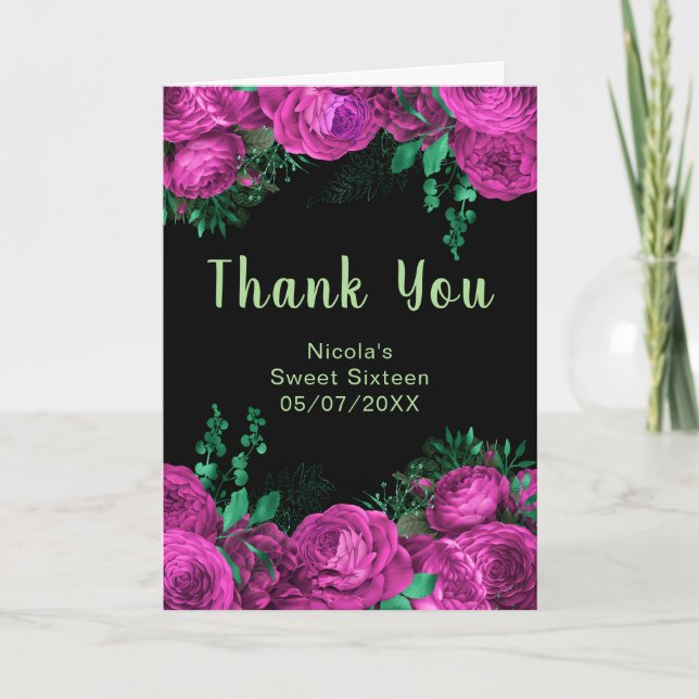 Elegant Hot Pink Flowers Sweet Sixteen Tack Kort (Framsida)