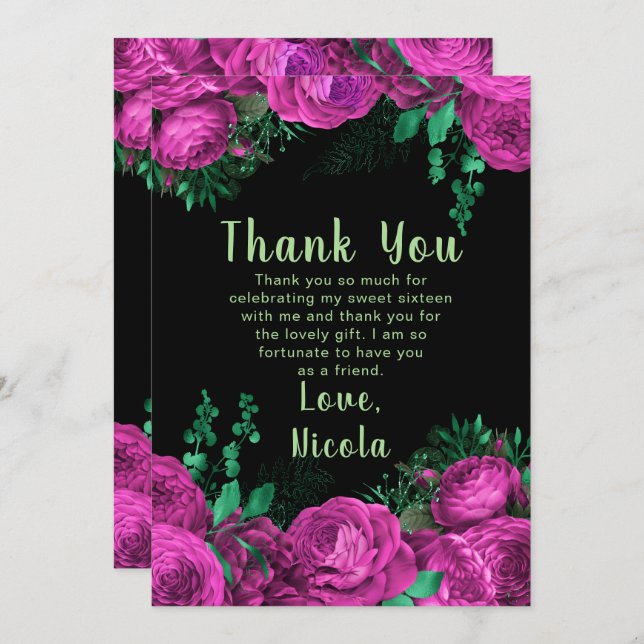 Elegant Hot Pink Flowers Sweet Sixteen Tack Kort (Fram/baksida)
