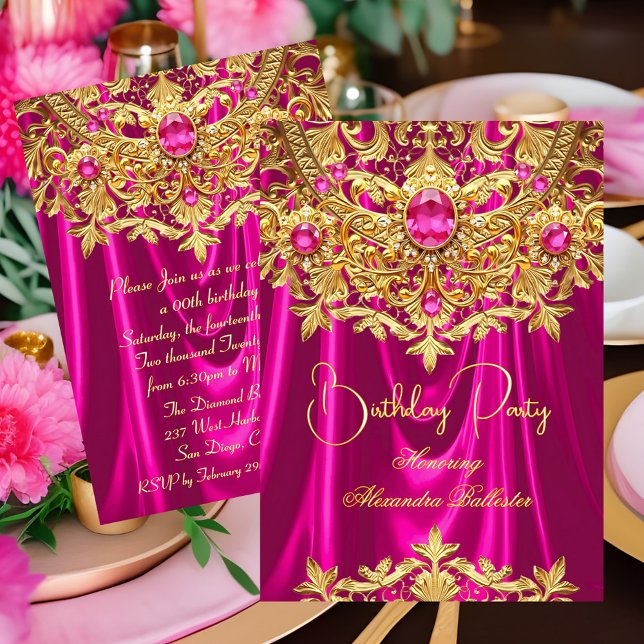 Elegant Hot Pink gems Gold Lace Damask Birthday Inbjudningar (Skapare uppladdad)