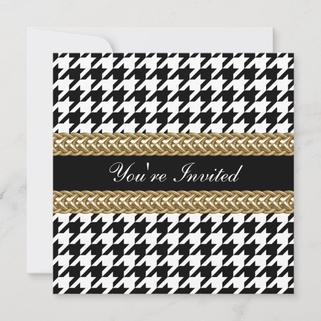 Elegant Houndstooth Black White Guld Party Inbjuda Inbjudningar (Framsida)