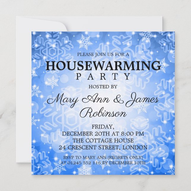 Elegant Houseuppvärmning Party Blue Winter Bokeh Inbjudningar (Framsida)