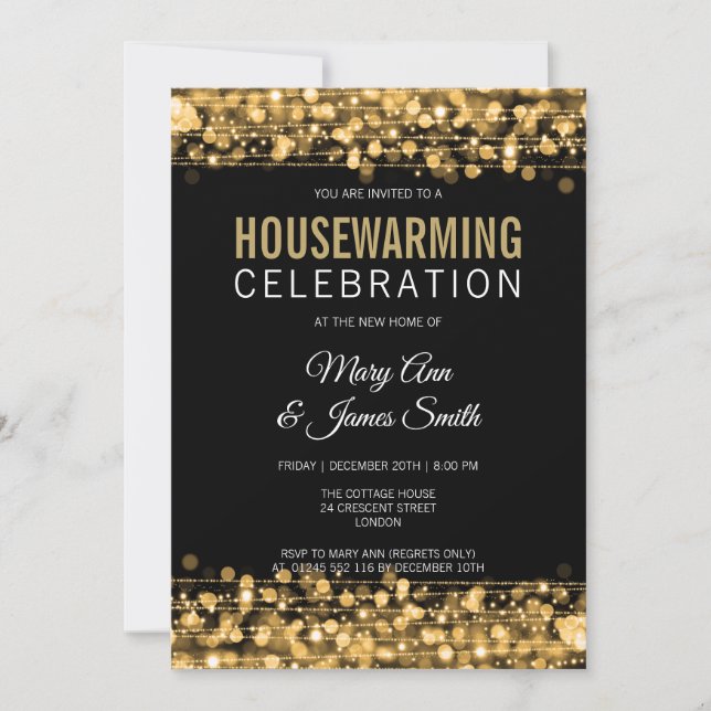 Elegant Houseuppvärmning Party Guld Ljus och Spark Inbjudningar (Framsida)