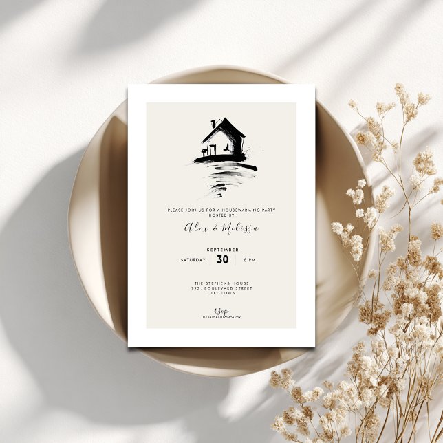 Elegant Housewarming Invitation - Hand Drawn House Inbjudningar (Minimal housewarming invitation with a hand drawn house.)