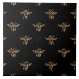 Elegant humla Guld Bee Svart Bakgrund Kakelplatta