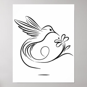 Elegant Hummingbird and Flower Line Art Wall Poster