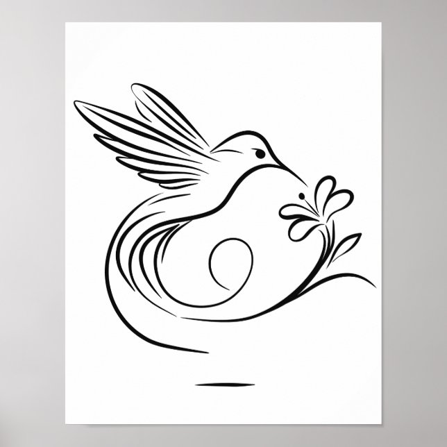 Elegant Hummingbird and Flower Line Art Wall Poster (Framsidan)