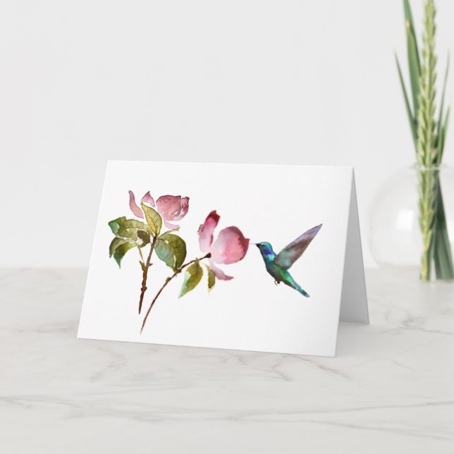 Elegant Hummingbird and Watercolor Flowers Kort (Framsida)